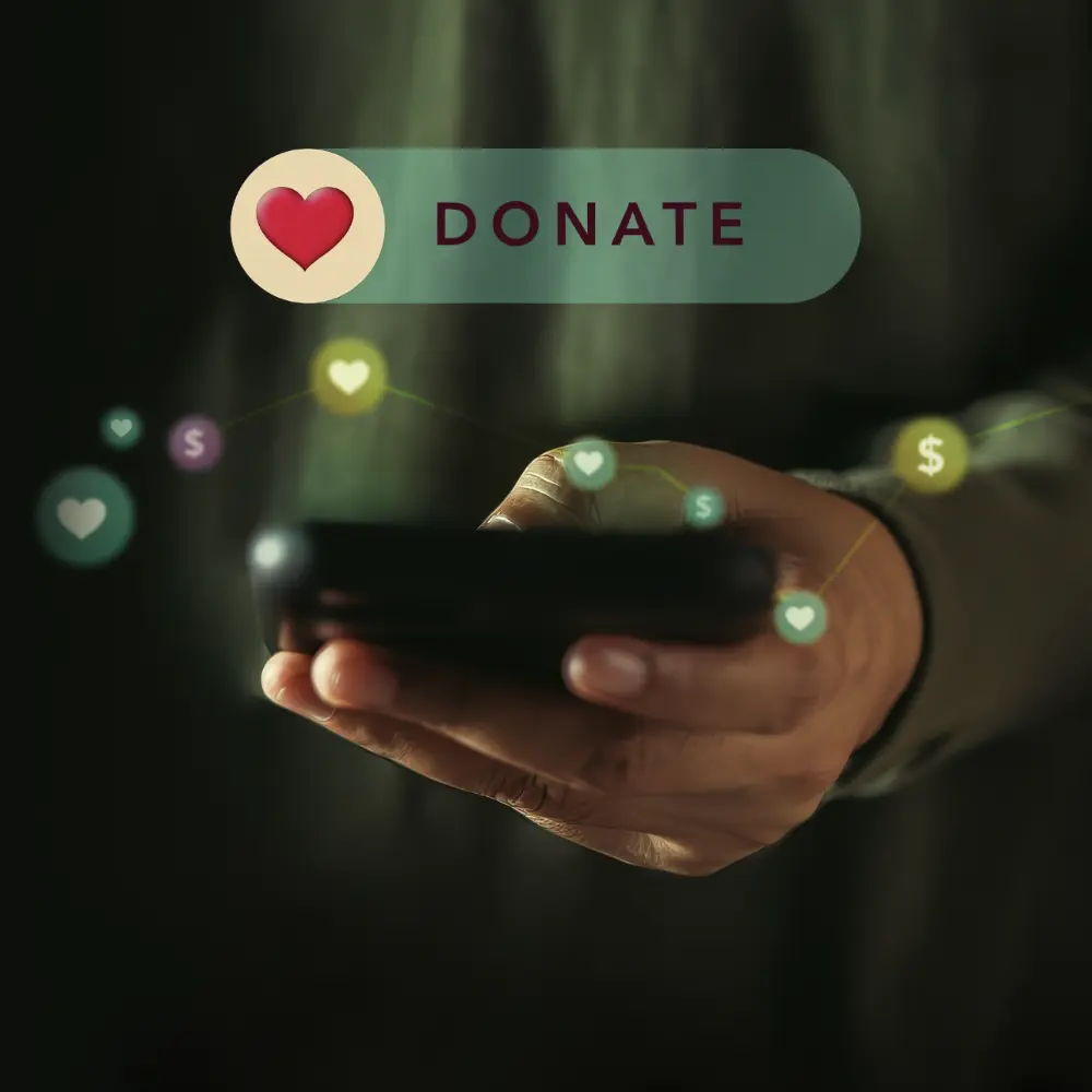 A man holding cell phone making a financial donation